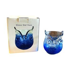 Vintage Cracker Barrel Blue Ombre Glass Owl Vase 4.25" Tall New in Box NIB